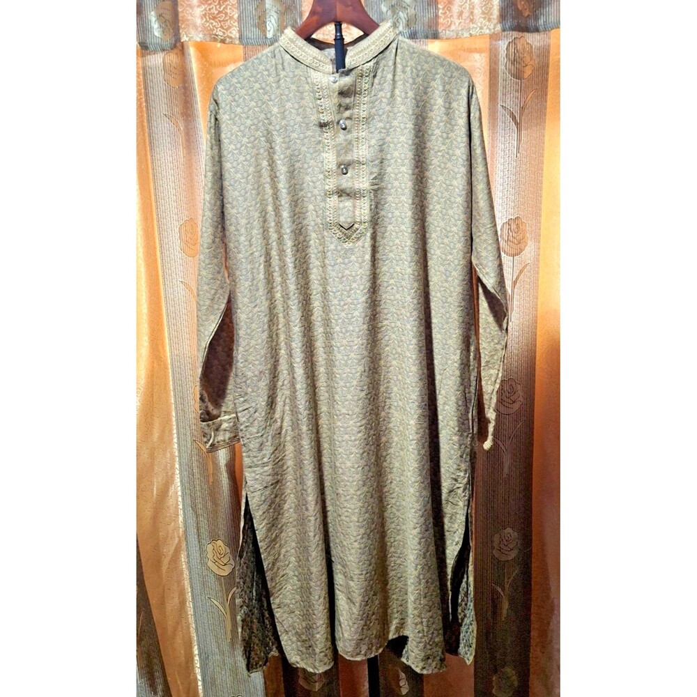 Men's Traditional Indian Kurta Tunic Gold Beige Jacquard Size 44 XL Festive